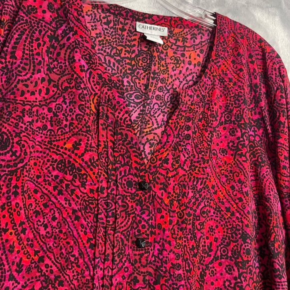 Catherines Floral Printed Button Front Tunic Womens 2X Red Pink Black Boho - Picture 3 of 8